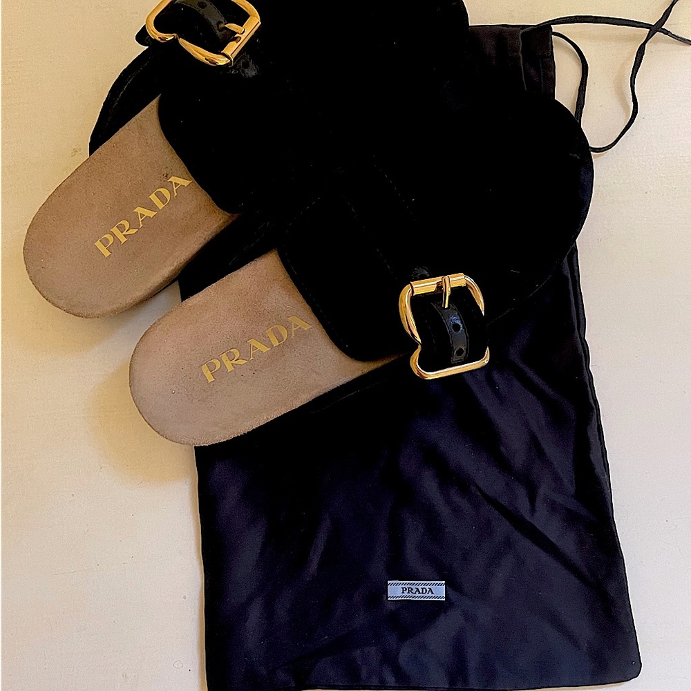 Prada Velvet Gold Buckle Round Mule Clog With Embossed Logo on Bottom -W Size 38